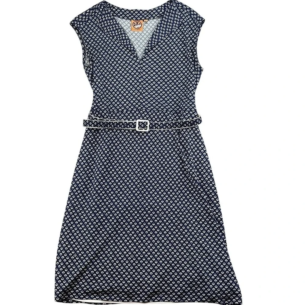 Tory Burch Navy Blue White Geometric Print V-Neck Belted‎ Dress Womens Medium